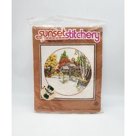 Fall Mill Pond Watermill Sunset Stitchery 20 X 20 Wool Kit 1978 Factory Sealed - Picture 1 of 7